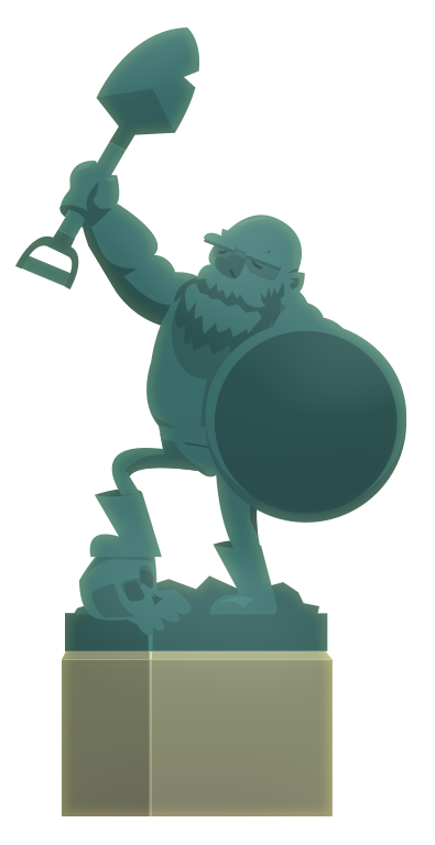 An image of a bronze statue of a cartoony miner character holding a shovel high, wearing a shield for some reason...